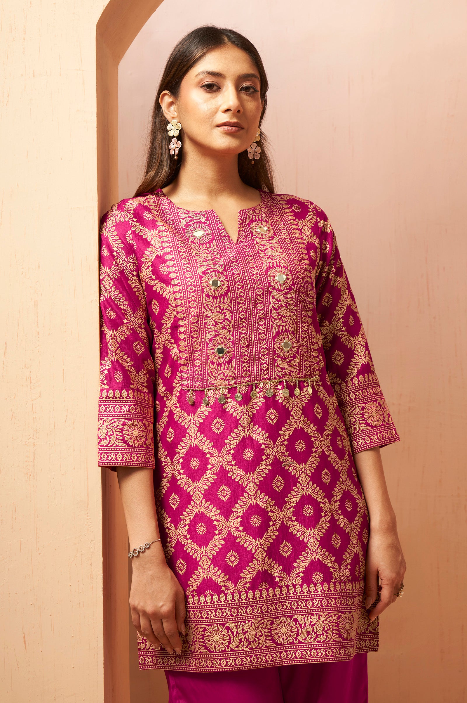 Women's Pink Foil Printed Vichitra Silk Co-Ord Set