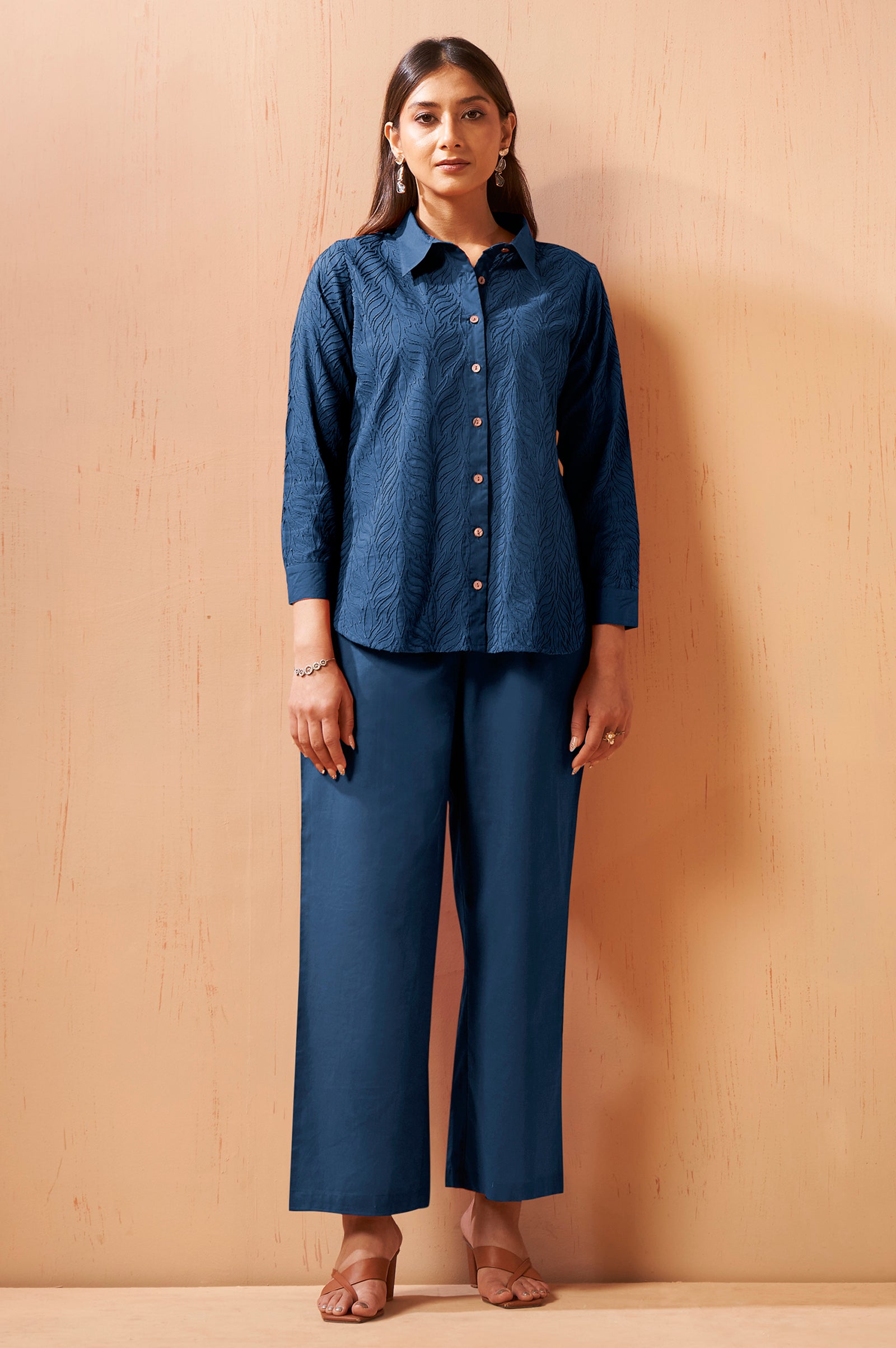 Navy Blue Embroidered Cotton Blend Co-Ord Set