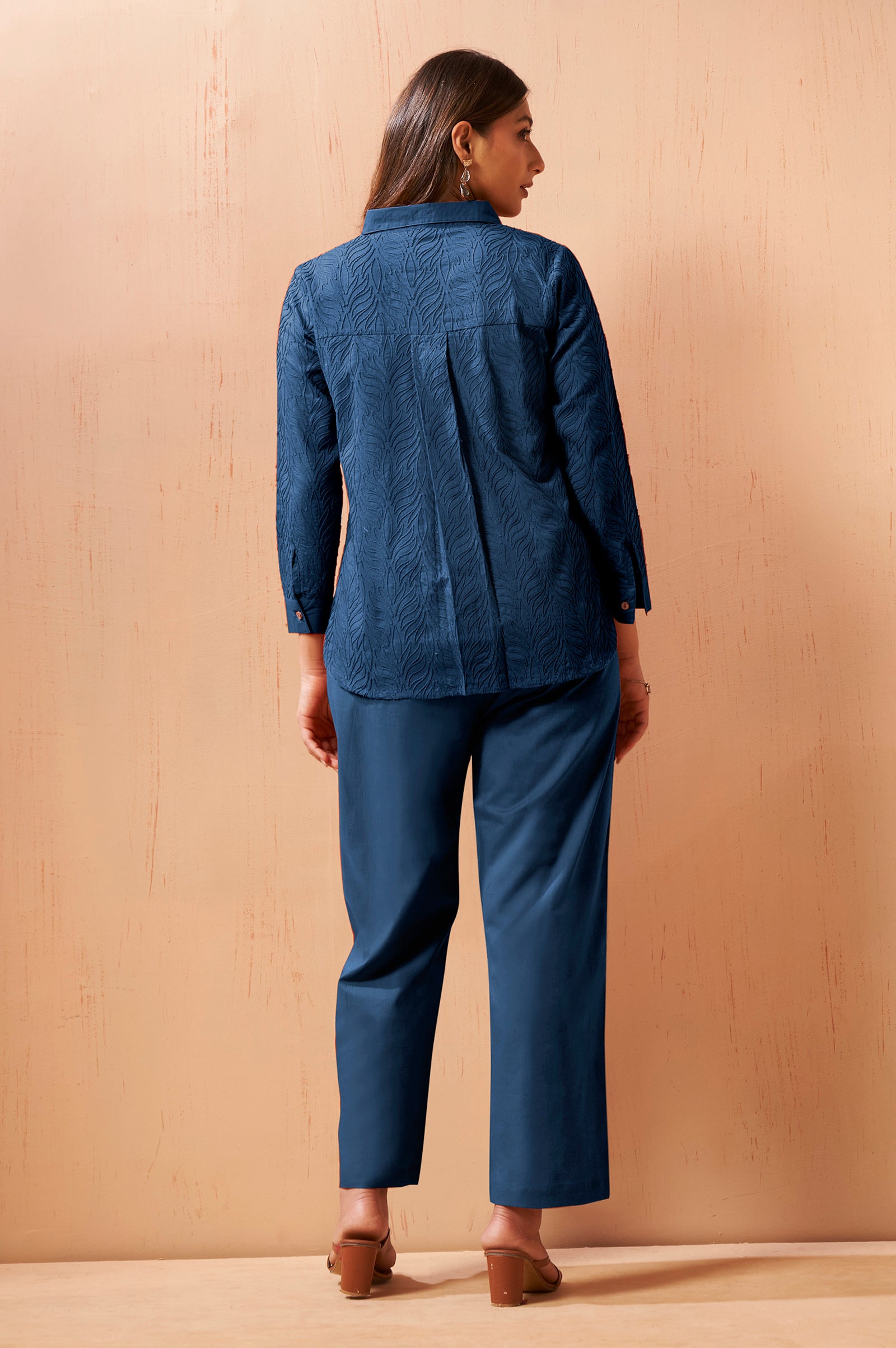 Navy Blue Embroidered Cotton Blend Co-Ord Set