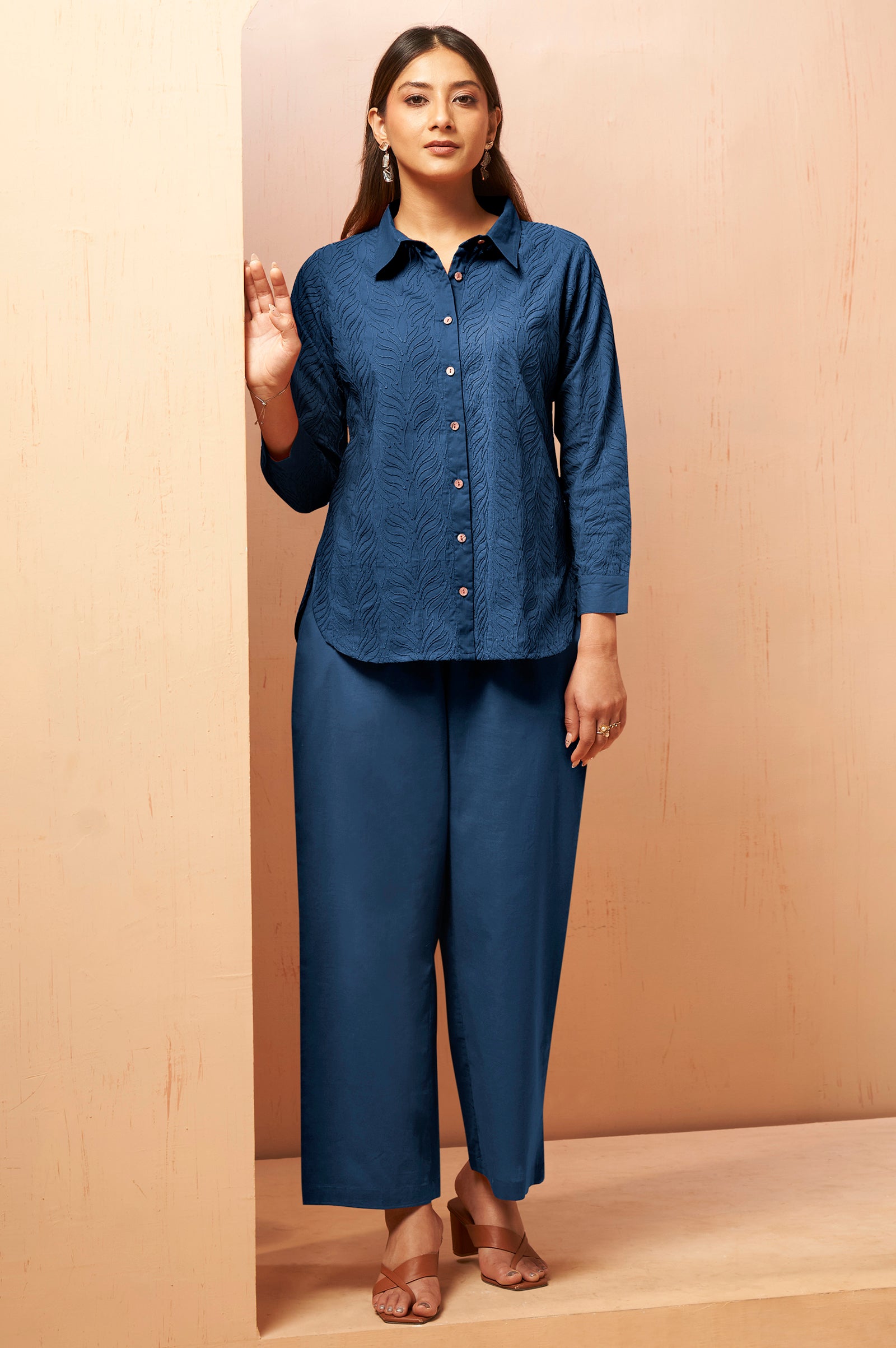 Navy Blue Embroidered Cotton Blend Co-Ord Set