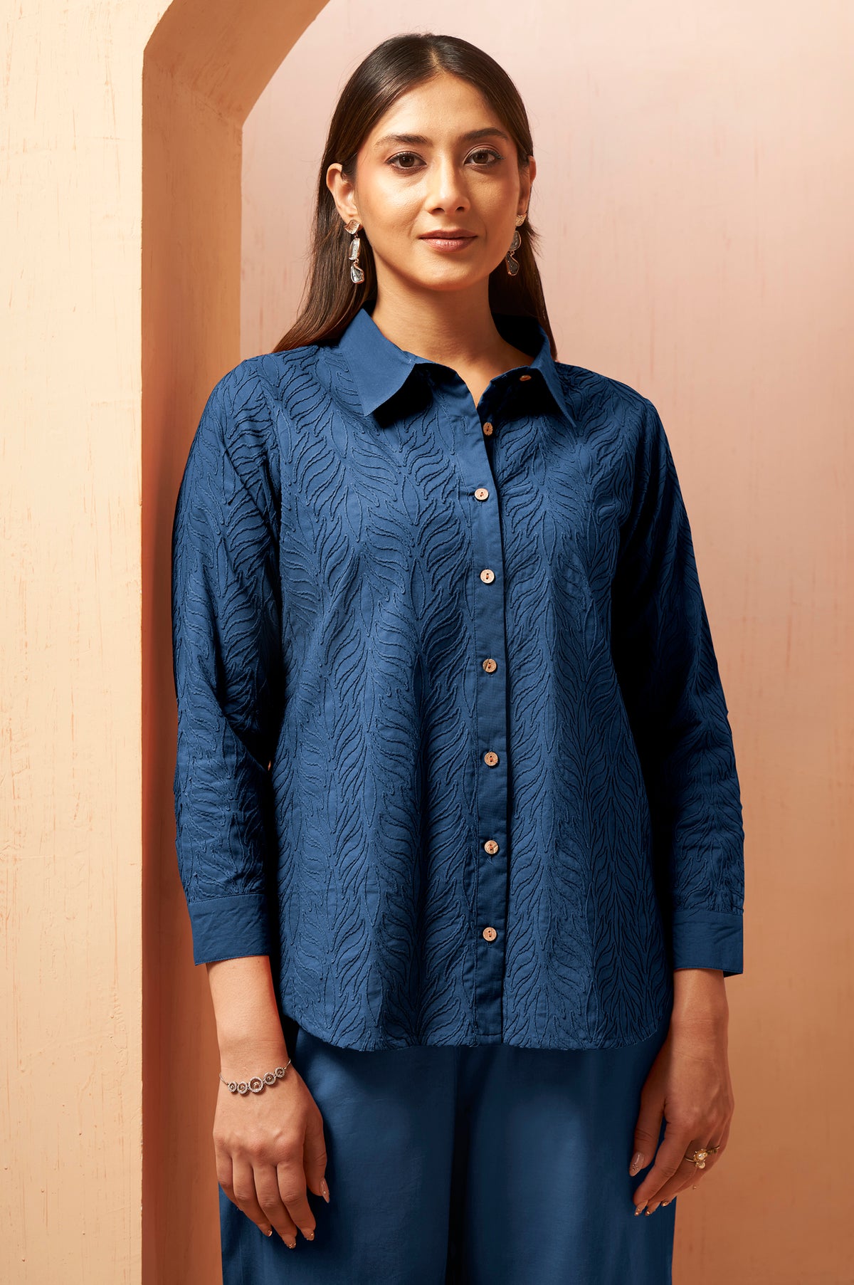 Navy Blue Embroidered Cotton Blend Co-Ord Set