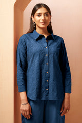 Navy Blue Embroidered Cotton Blend Co-Ord Set