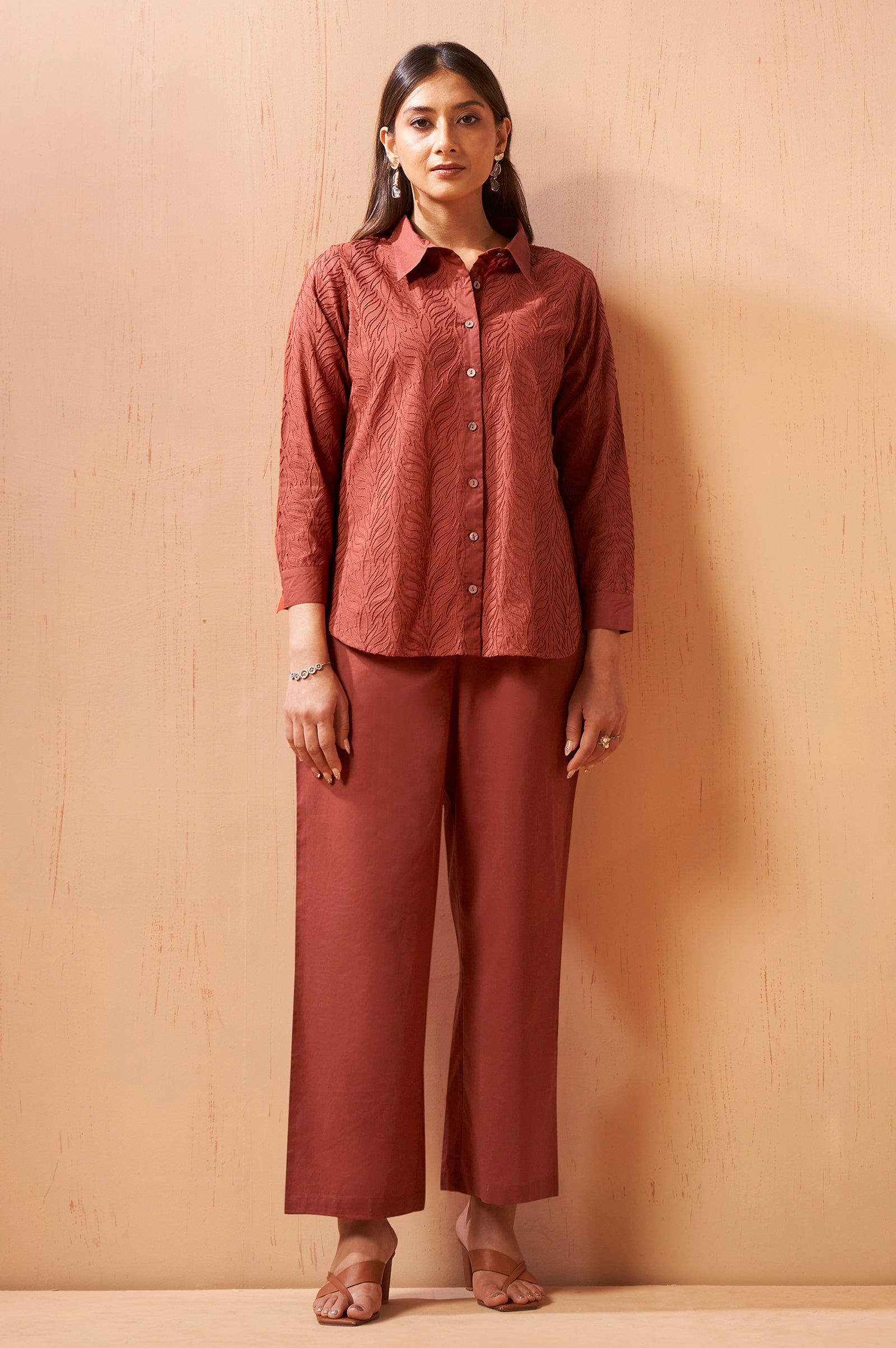 Rust Embroidered Cotton Blend Co-Ord Set