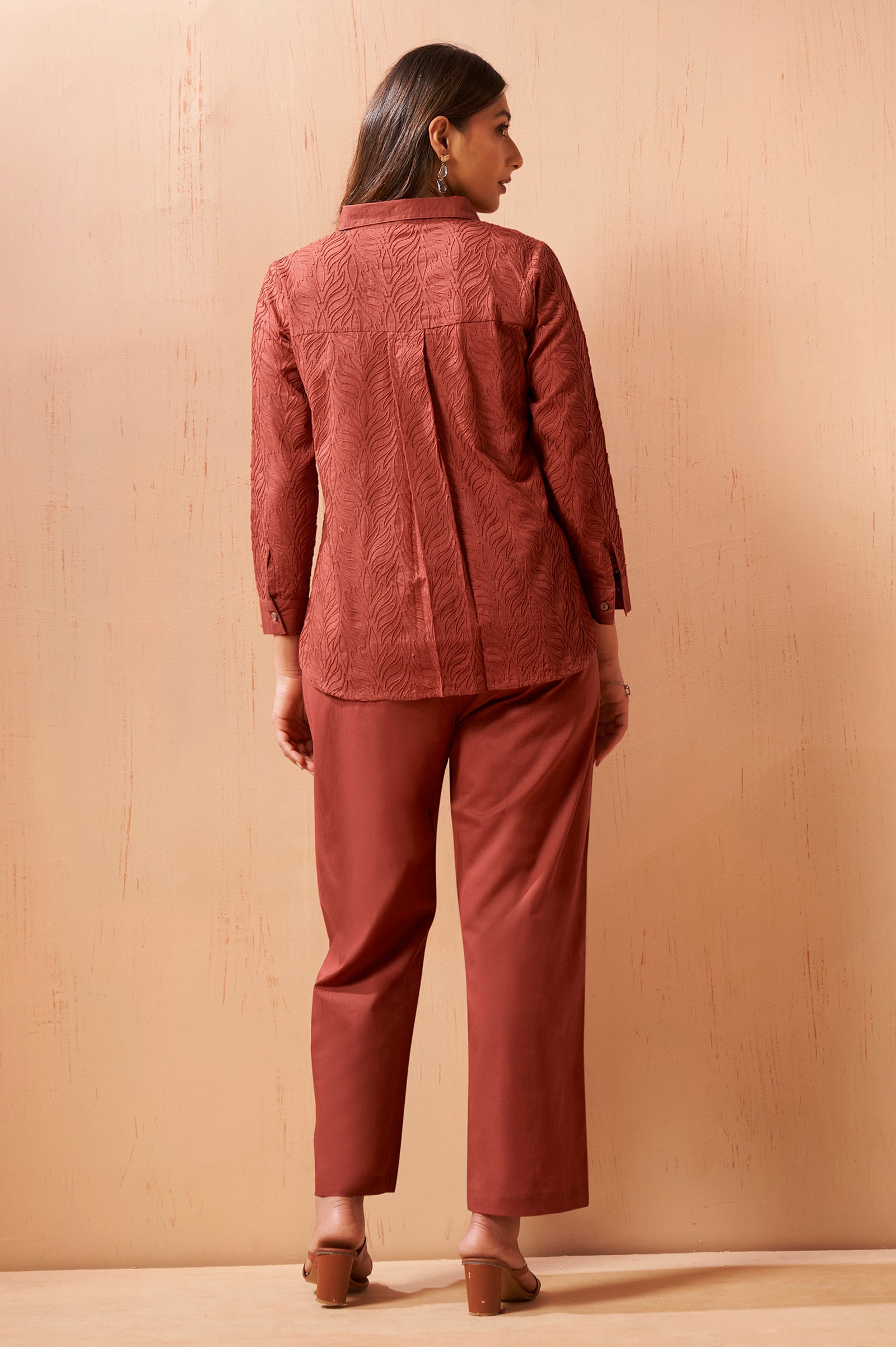 Rust Embroidered Cotton Blend Co-Ord Set