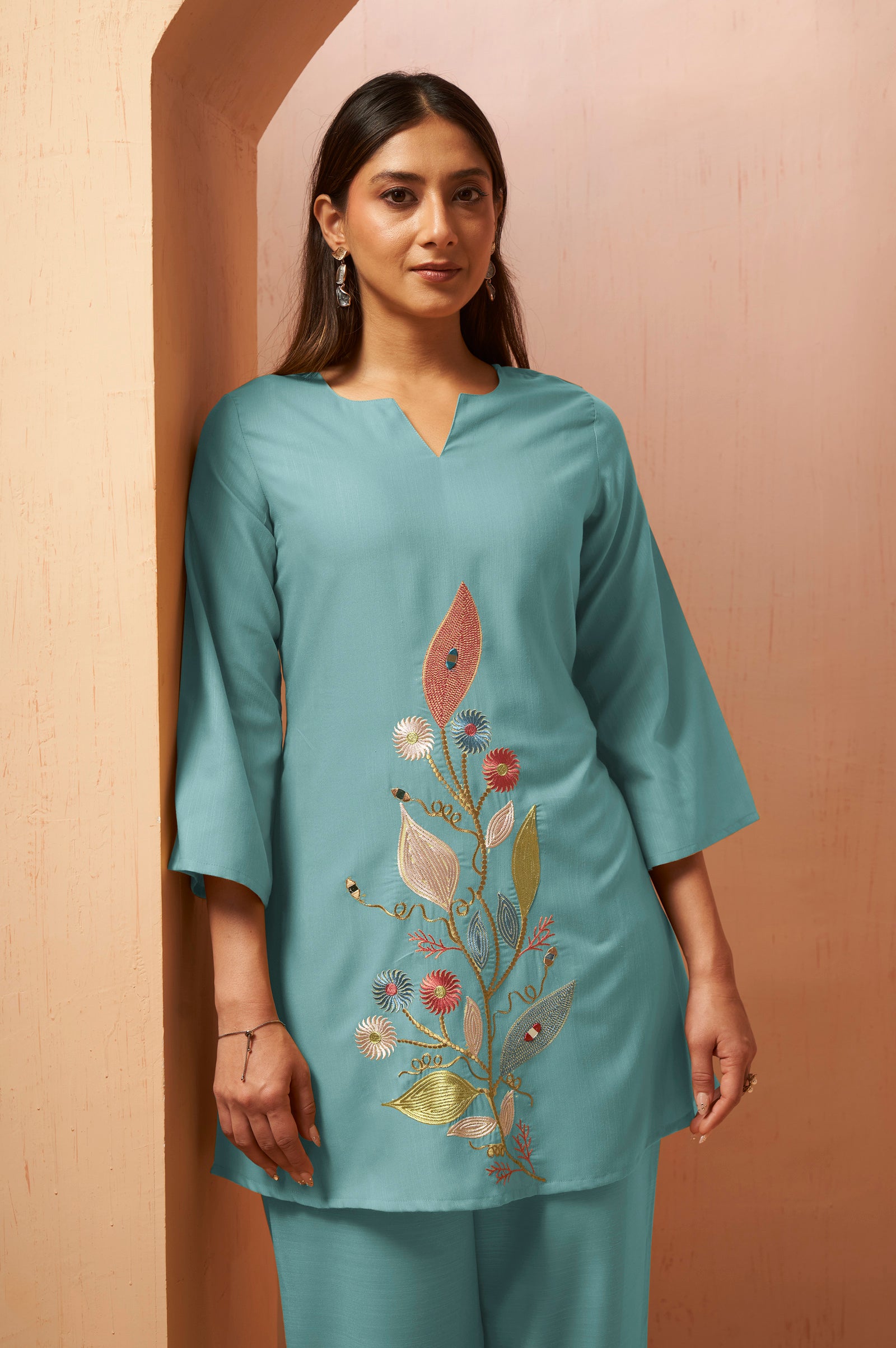 Dusty Teal Embroidered Mirror Work Co-Ord Set