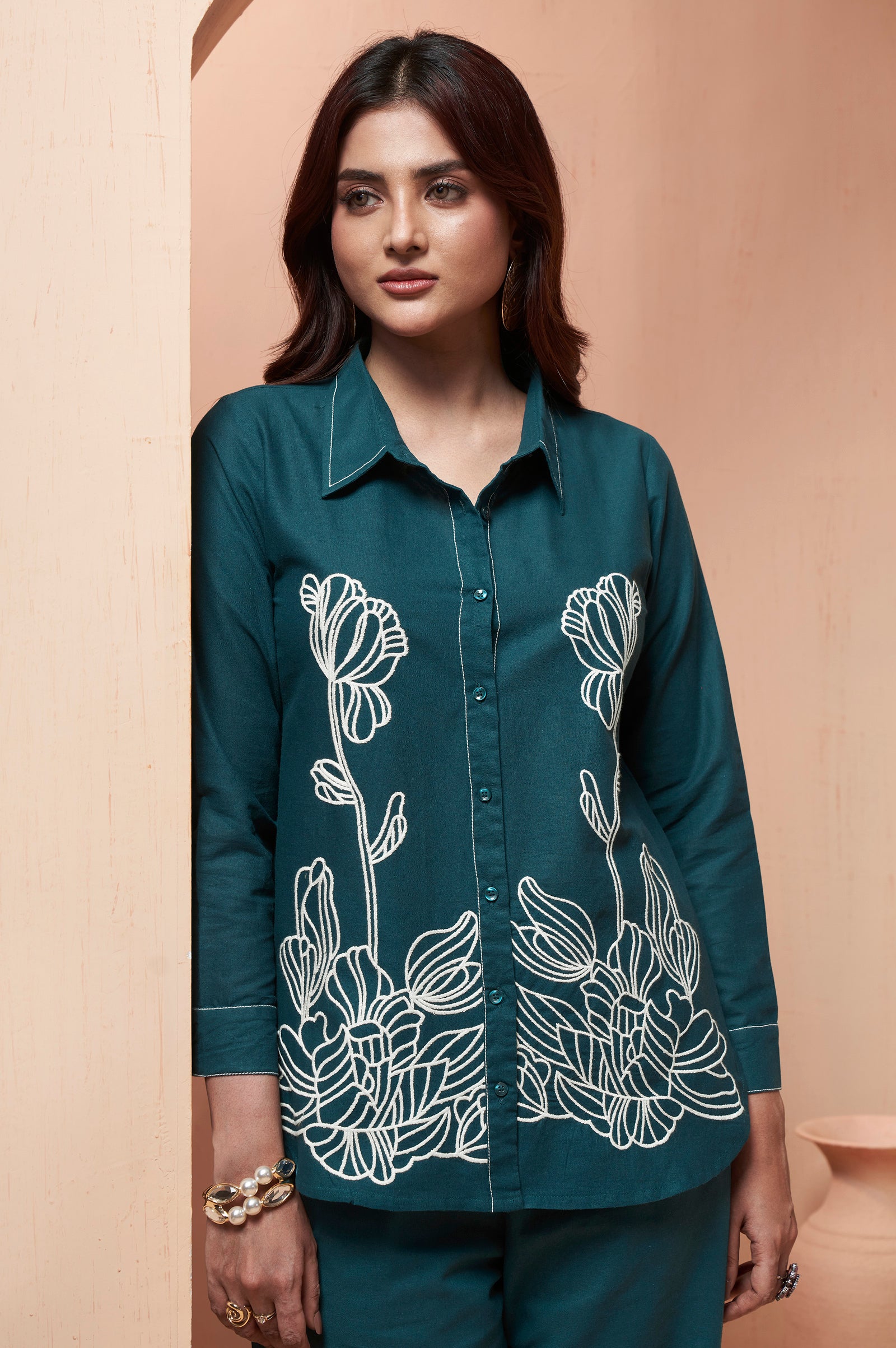 Women's Teal Blue Embroidered Cotton Flex Co-Ord Set