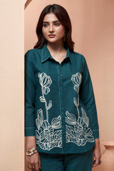 Women's Teal Blue Embroidered Cotton Flex Co-Ord Set