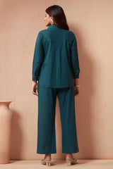 Women's Teal Blue Embroidered Cotton Flex Co-Ord Set