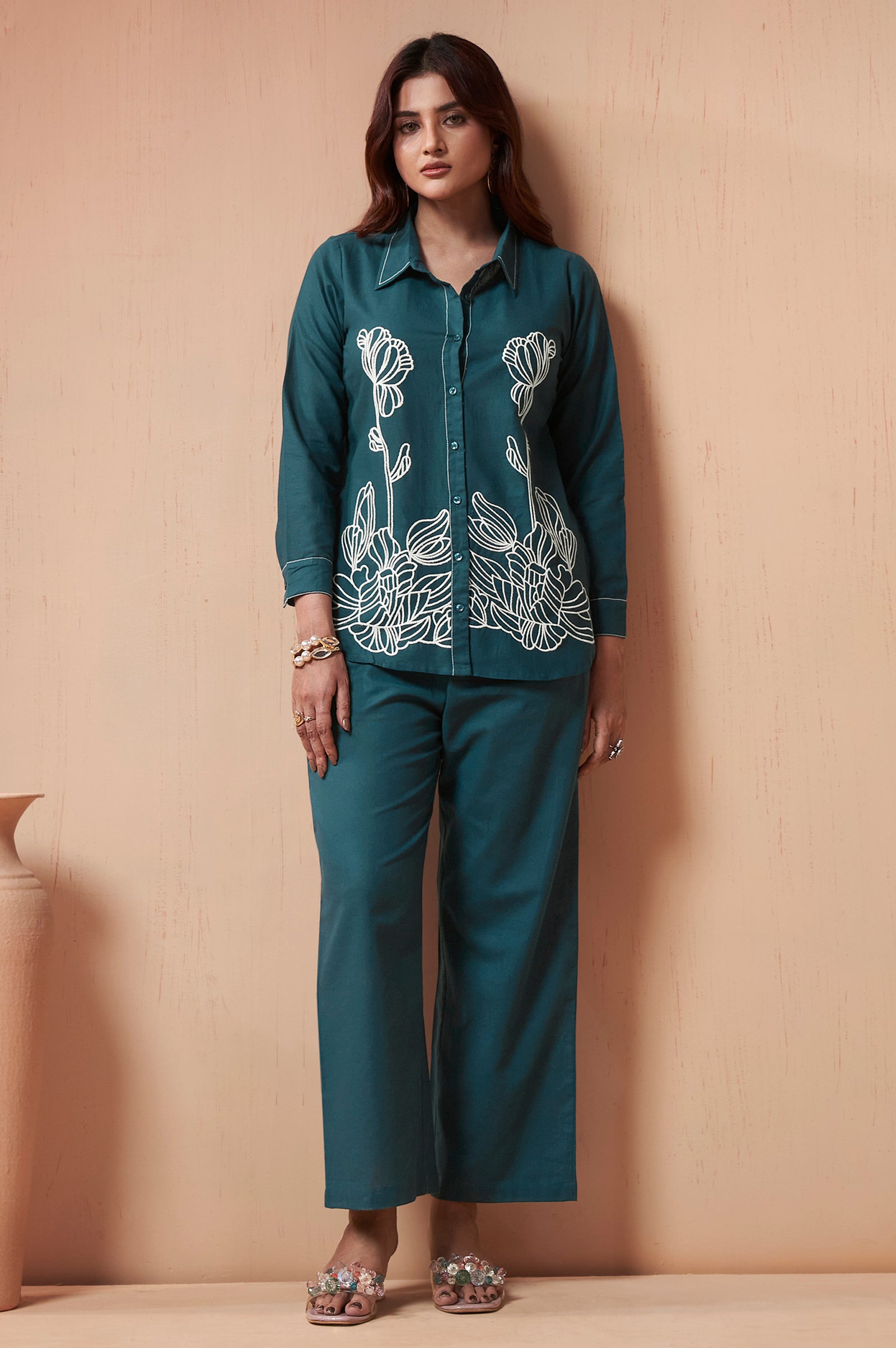Women's Teal Blue Embroidered Cotton Flex Co-Ord Set