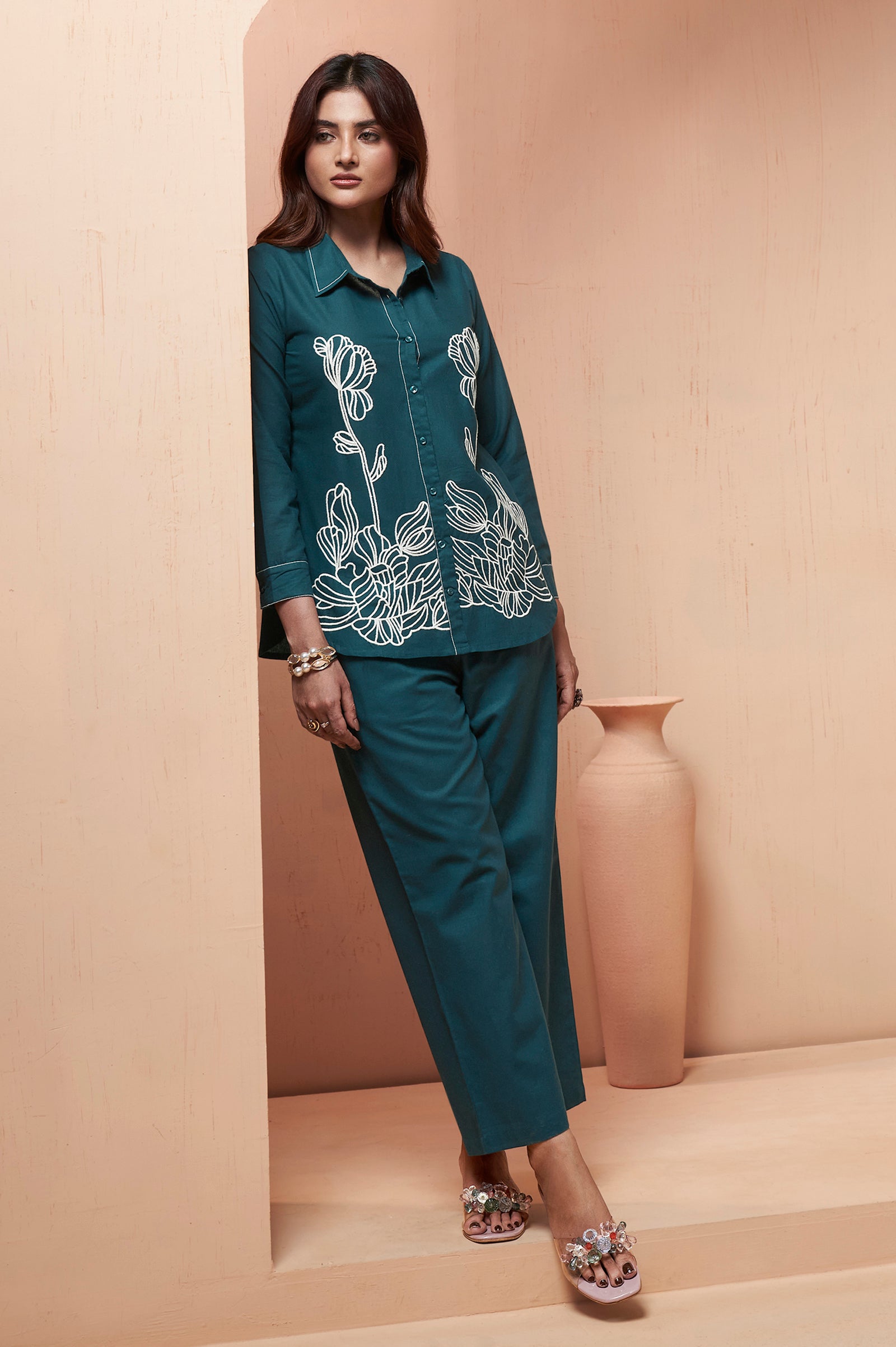 Women's Teal Blue Embroidered Cotton Flex Co-Ord Set