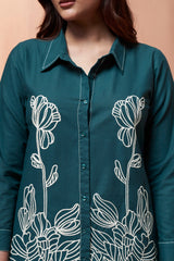 Women's Teal Blue Embroidered Cotton Flex Co-Ord Set