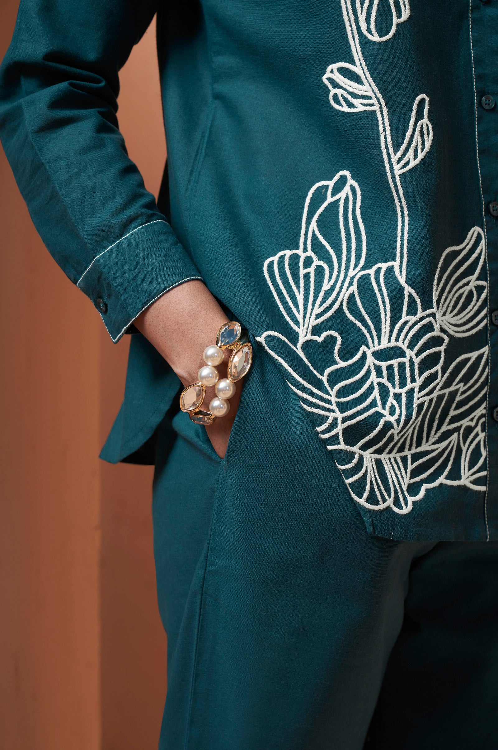 Women's Teal Blue Embroidered Cotton Flex Co-Ord Set