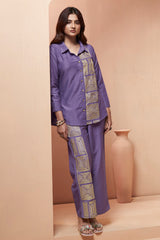 Women's Lavender Embroidered Cotton Blend Co-Ord Set