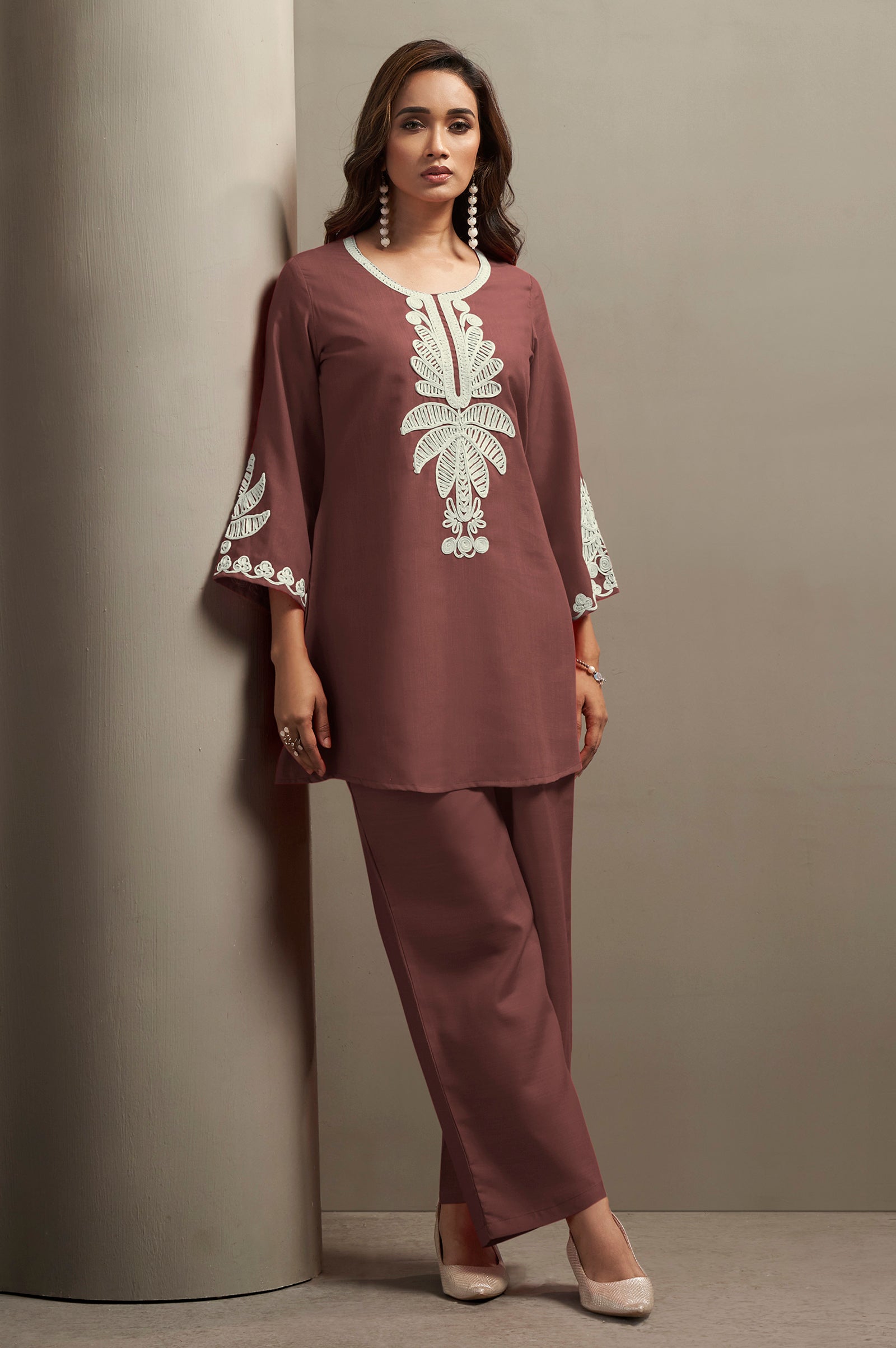 Women's Coffee Cotton Blend Floral Embroidered Co-ord Set with Straight Top & Solid Pants