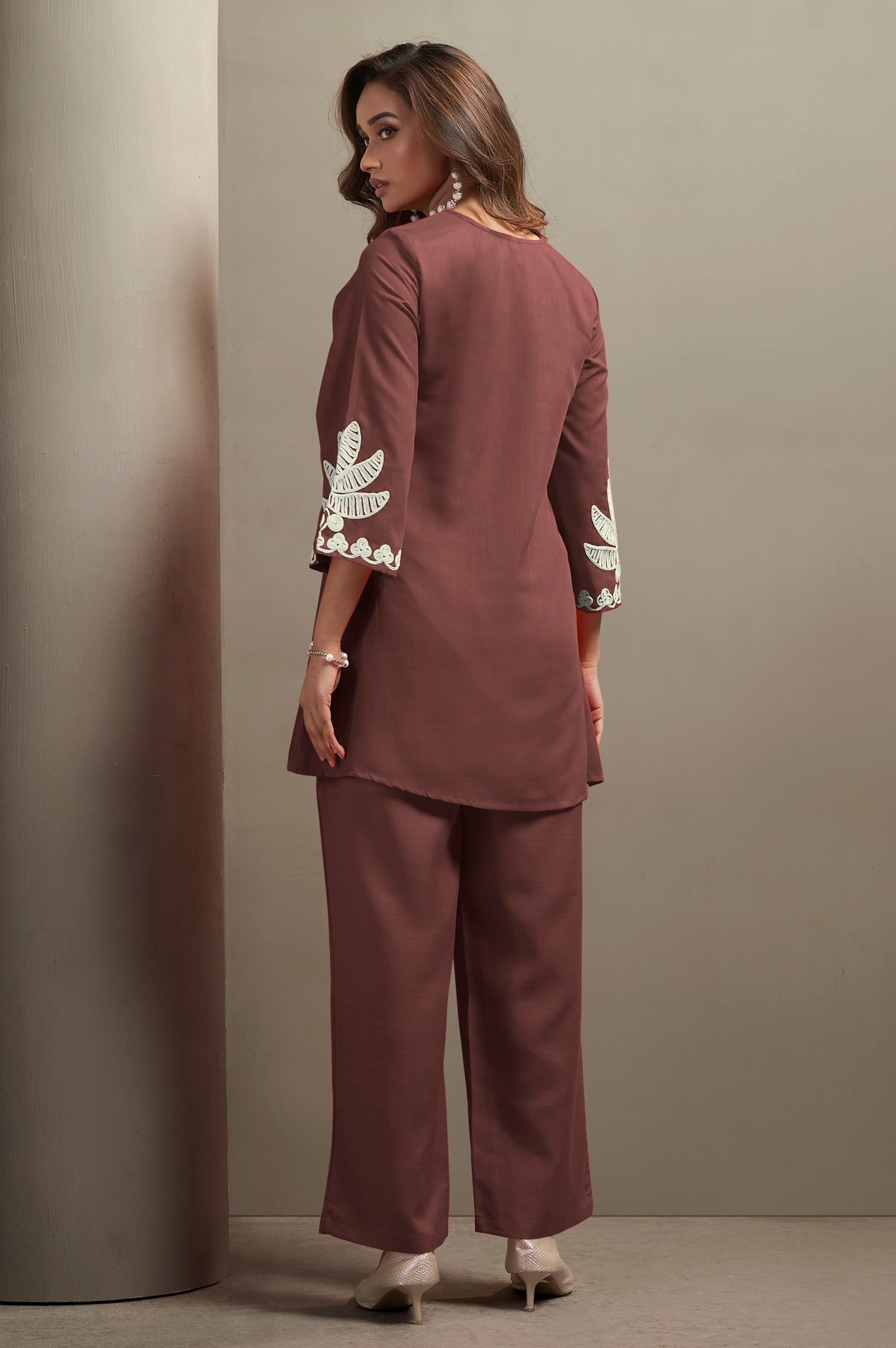 Women's Coffee Cotton Blend Floral Embroidered Co-ord Set with Straight Top & Solid Pants
