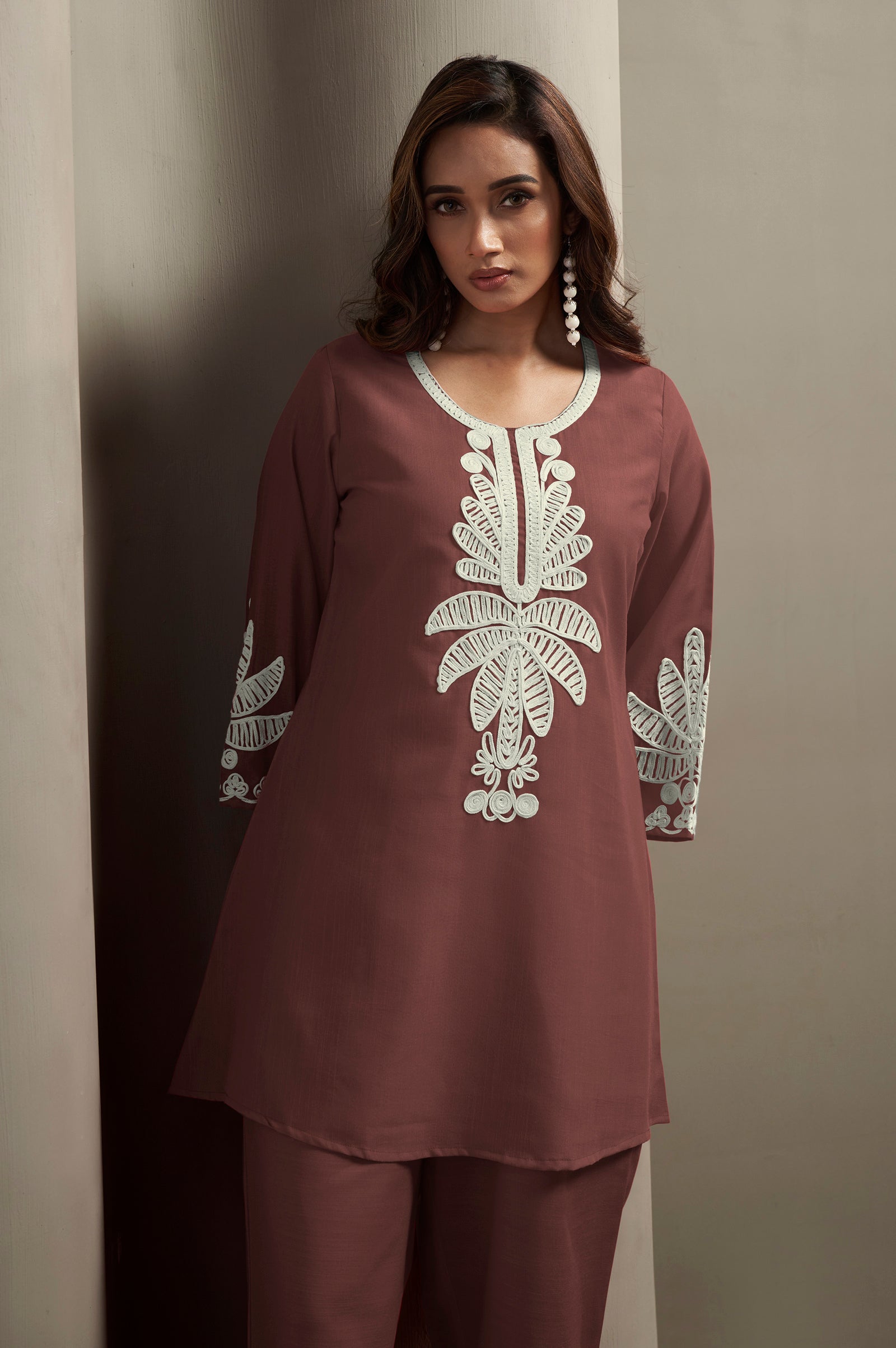 Women's Coffee Cotton Blend Floral Embroidered Co-ord Set with Straight Top & Solid Pants