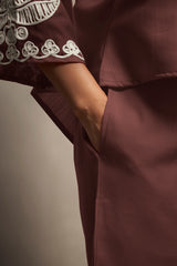 Women's Coffee Cotton Blend Floral Embroidered Co-ord Set with Straight Top & Solid Pants