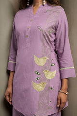 Women's Pure Cotton Bird Embroidered Straight Kurta with Solid Pure Cotton Pants