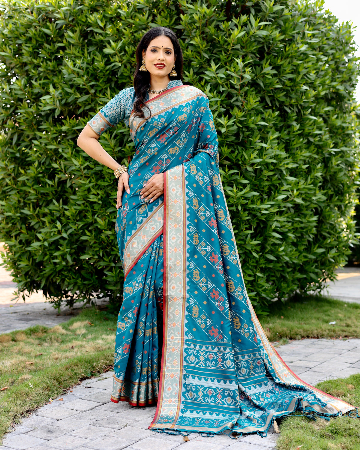 Patola Silk Trendy Saree In Aqua Blue