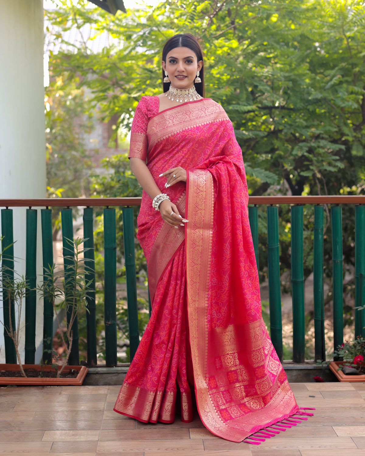 Hot Pink Color kanchi Border Rich Pallu Bandhej Saree