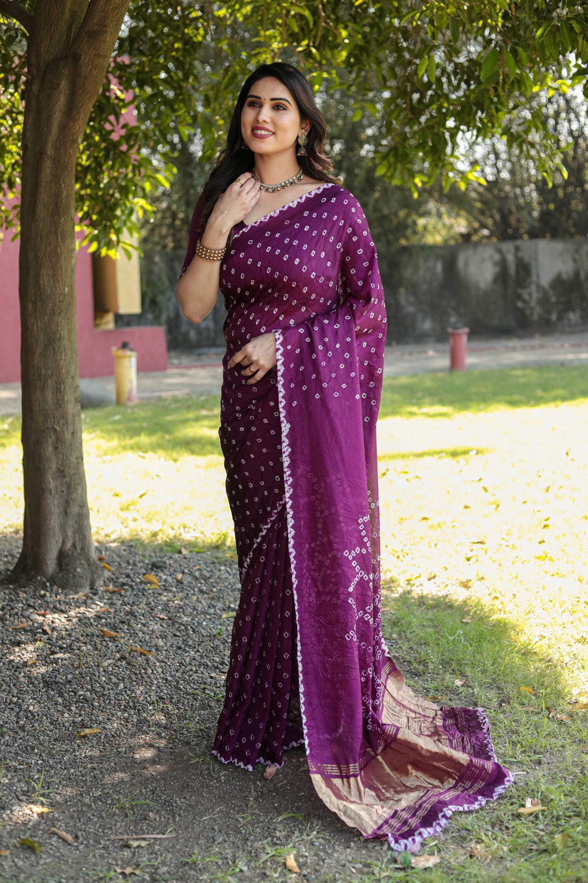 Original Bandhej Wine Color Beautiful Design Saree