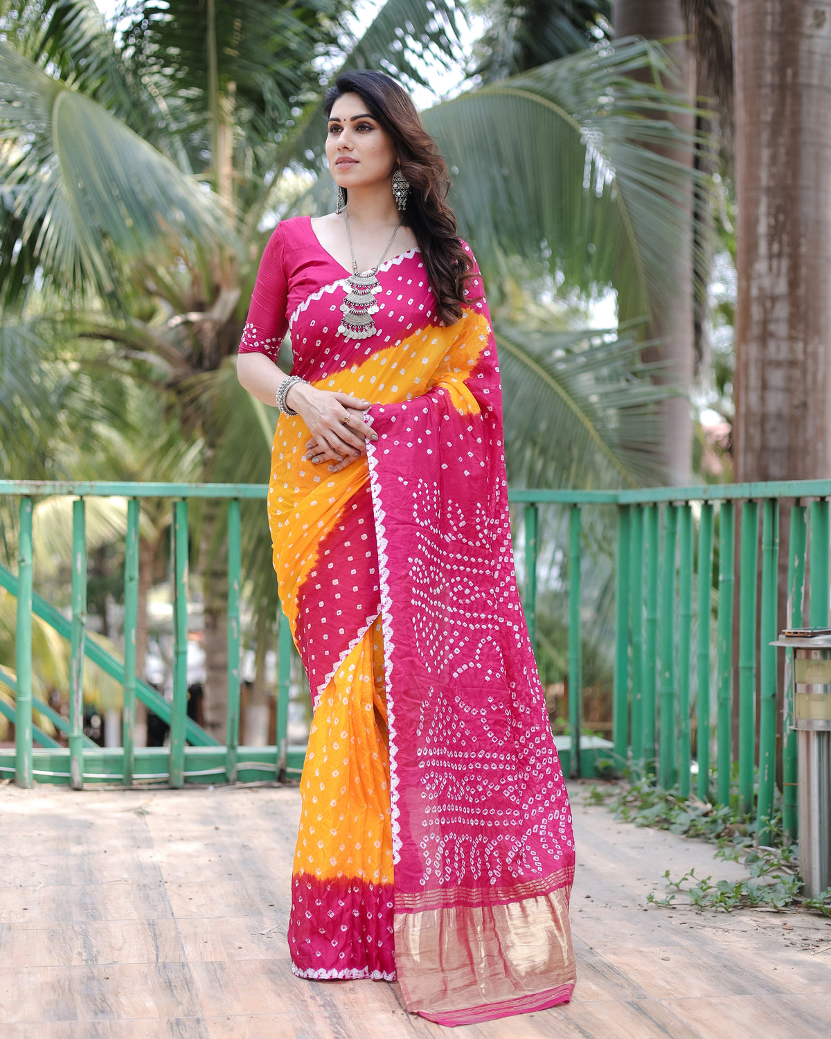 New Premium And High Quality Comfortable Bandhej Silk Drapes That is Super Stylish And Pretty Yellow And Pink Saree