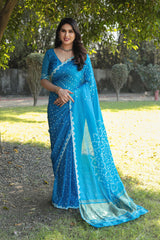 Original Bandhej Sky Blue Color Beautiful Design Saree