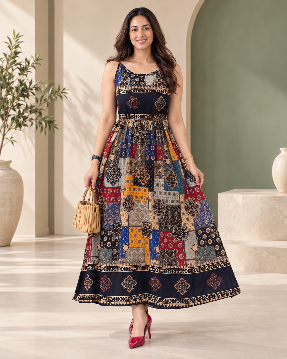 Pure Viscose Boho Print Maxi Dress for Women | Sleeveless Flared  Dress Black
