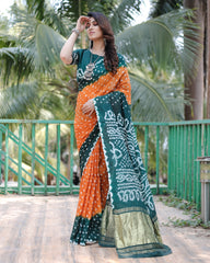 New Premium And High Quality Comfortable Bandhej Silk Drapes That is Super Stylish And Pretty Orange And Green Saree