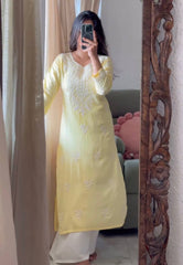 Light Yellow Designer Trending Chikankuri Kurti With Plazzo