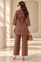 Women's Brown Printed Kurta & Wide-Leg Pant Set | Casual Ethnic Wear