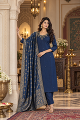 Women's Navy Blue Embroidered Straight Kurta Pant Set with Zari Woven Dupatta | 3 Piece Ethnic Suit Set