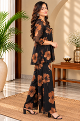 Elegant Floral Print Georgette Co-ord Set for Women - Black & Brown