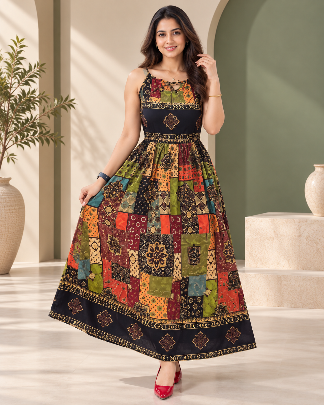 Pure Viscose Boho Print Maxi Dress for Women | Sleeveless Flared  Dress