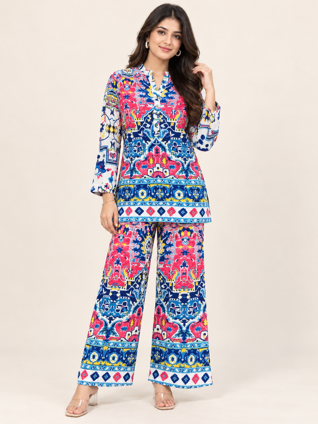 Printed Blue Ajrak Top With Palazzo Set