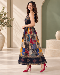 Pure Viscose Boho Print Maxi Dress for Women | Sleeveless Flared  Dress Black