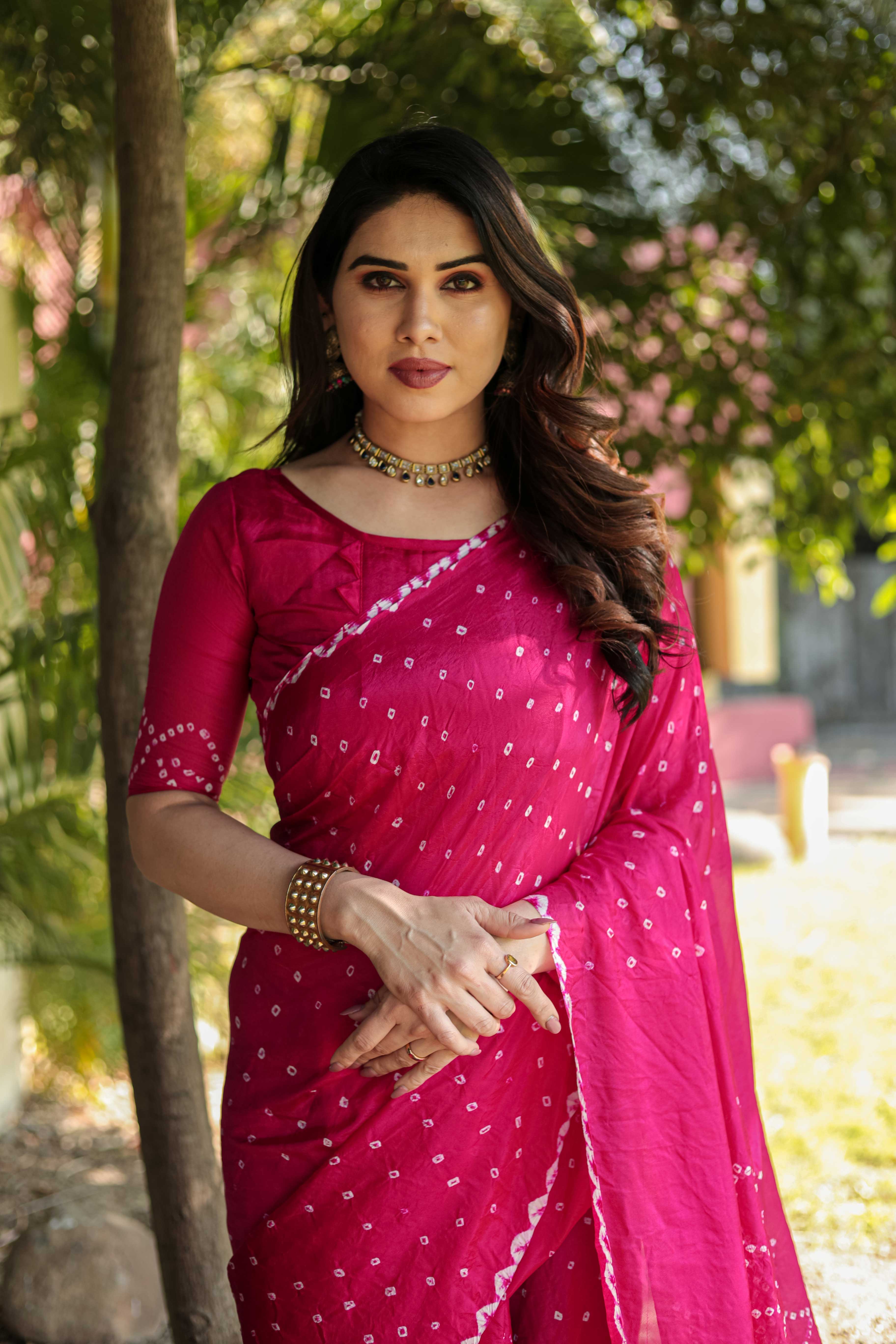 Original Bandhej Pink Color Beautiful Design Saree