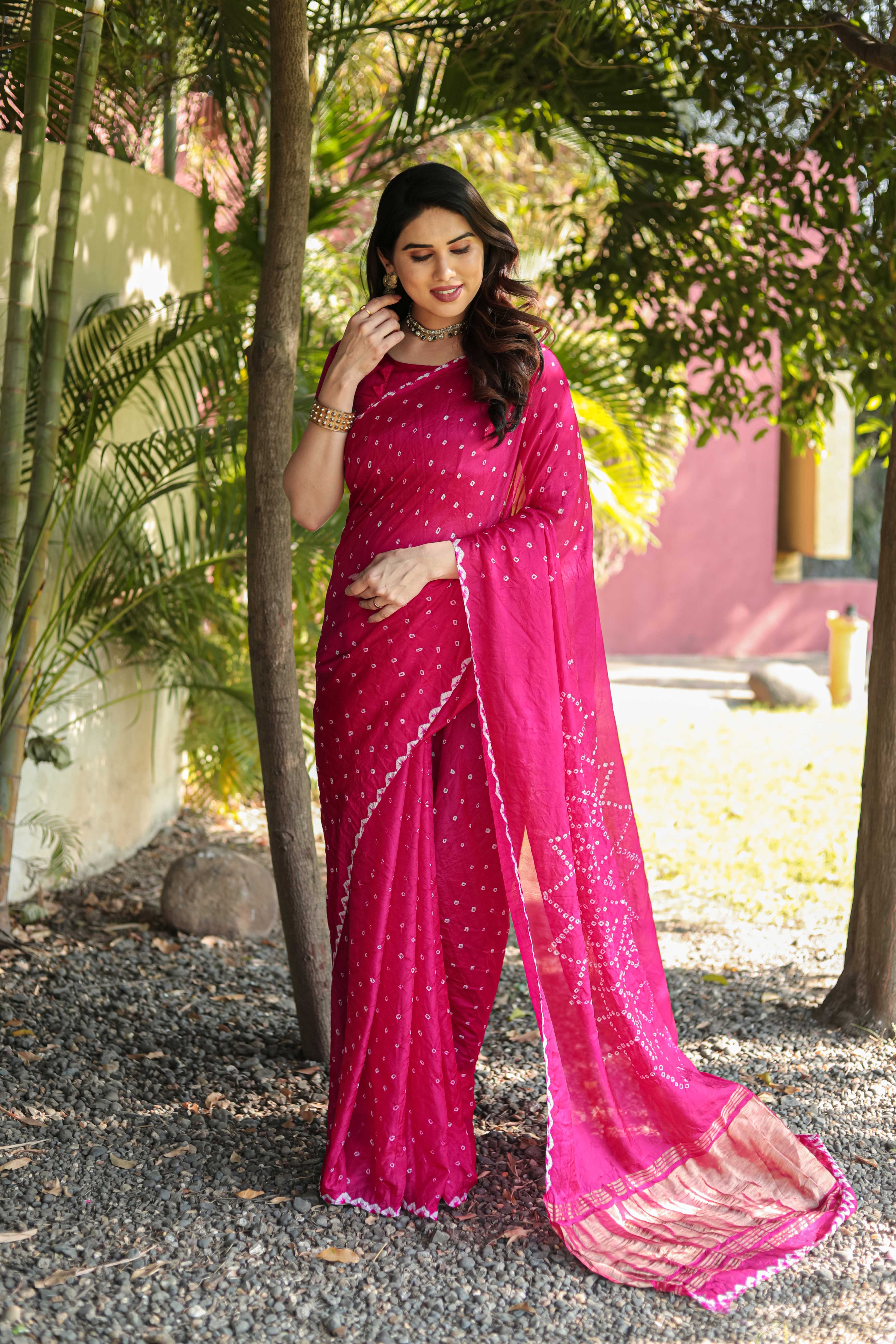 Original Bandhej Pink Color Beautiful Design Saree