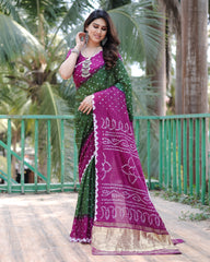 New Premium And High Quality Comfortable Bandhej Silk Drapes That is Super Stylish And Pretty Green And Purple Saree