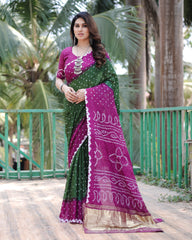 New Premium And High Quality Comfortable Bandhej Silk Drapes That is Super Stylish And Pretty Green And Purple Saree