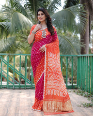 New Premium And High Quality Comfortable Bandhej Silk Drapes That is Super Stylish And Pretty Pink And Orange Saree