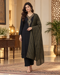 Women's Embroidered Kurta Pant Set with Striped Dupatta - Black