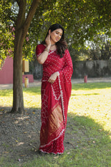 Original Bandhej Red Color Beautiful Design Saree