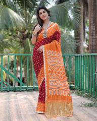 New Premium And High Quality Comfortable Bandhej Silk Drapes That is Super Stylish And Pretty Red And Orange Saree