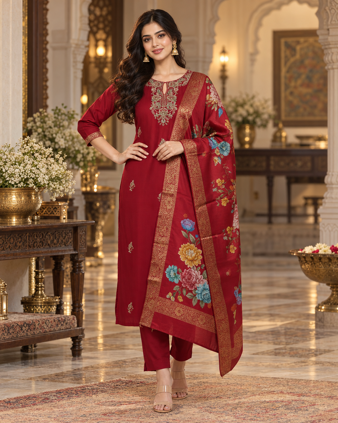 Women's Embroidered Kurta Pant Set with Striped Dupatta - Maroon