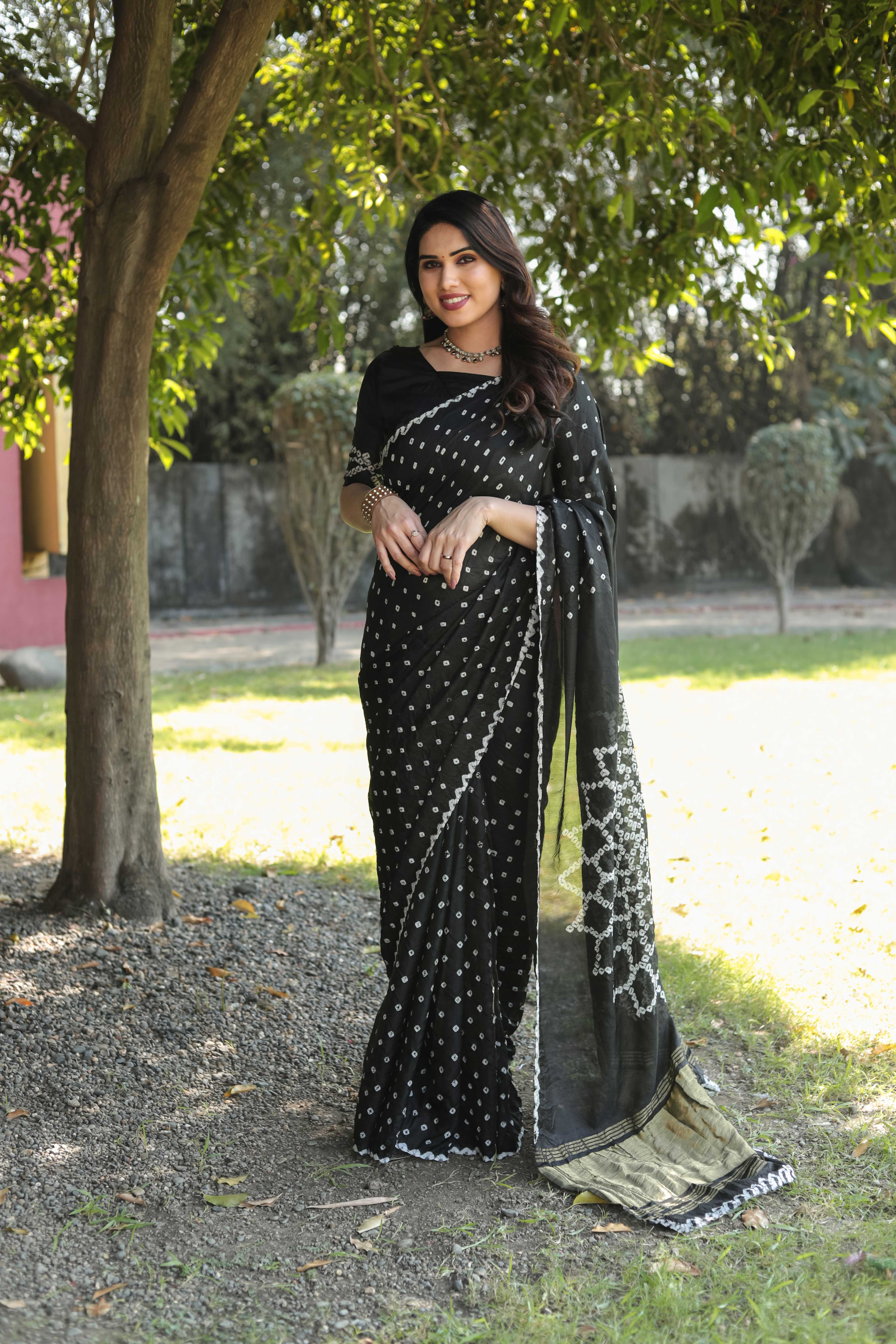 Original Bandhej Black Color Beautiful Design Saree