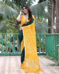 New Premium And High Quality Comfortable Bandhej Silk Drapes That is Super Stylish And Pretty Green & Yellow Saree