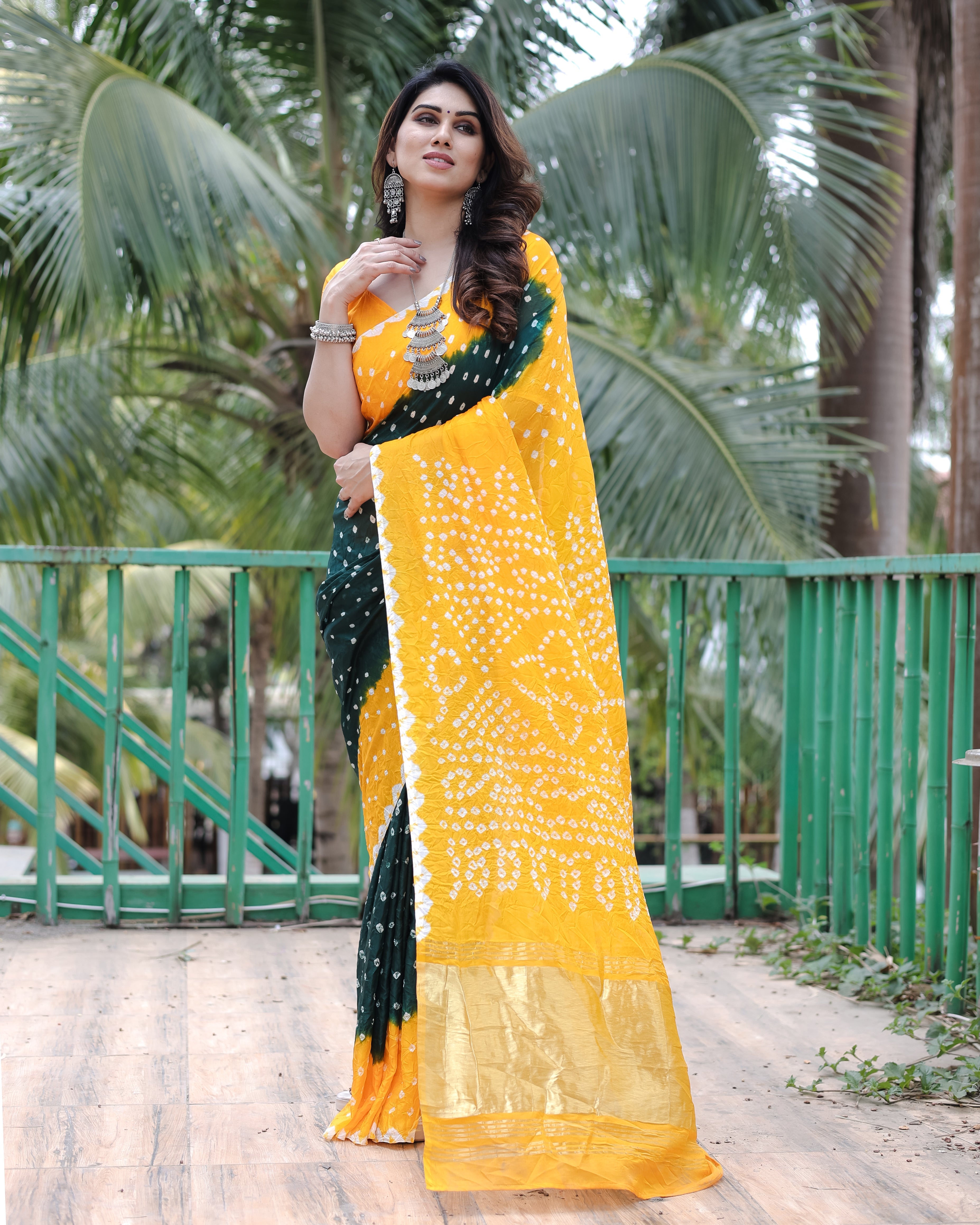 New Premium And High Quality Comfortable Bandhej Silk Drapes That is Super Stylish And Pretty Green & Yellow Saree