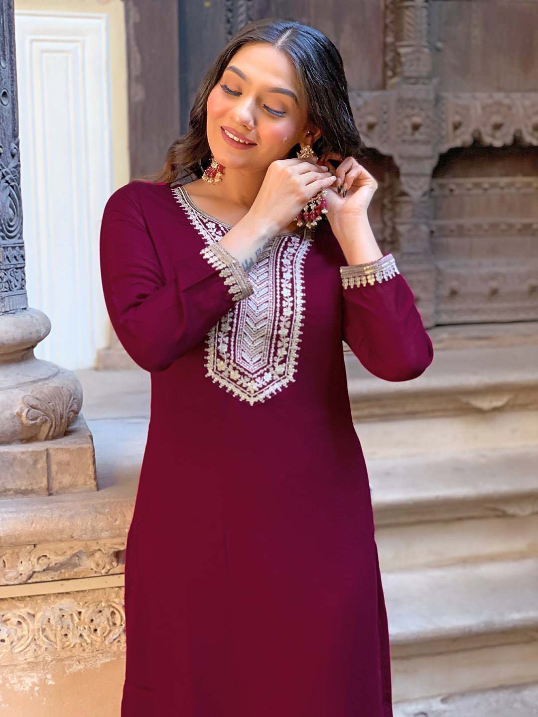Zaraara Wine Zari Embroidered Kurta Set with Dupatta