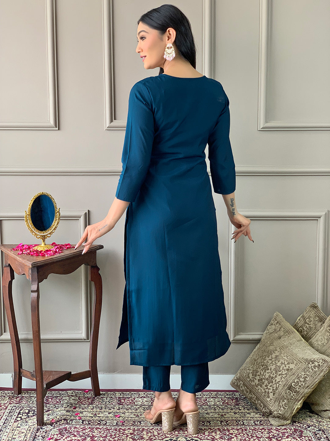Premium Teal Blue Designer Kurta Set with Soft Muslin Dupatta